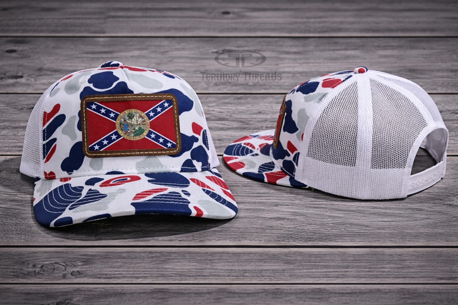 Florida Confederate Flag Leather Patch Red White and Blue Camo Cap Hat