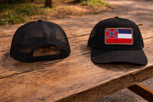Old Mississippi Flag Leather Patch Black Mesh Back Hat Cap