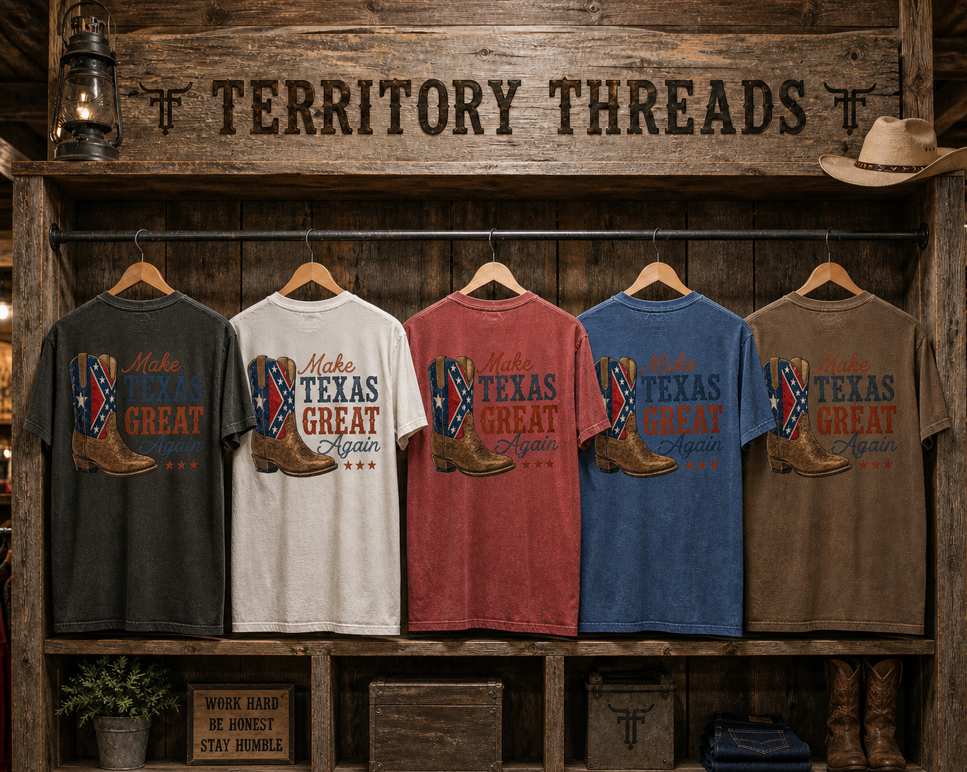 Make Texas Great Again T-Shirt with Texas Battle Flag on Boot Collection