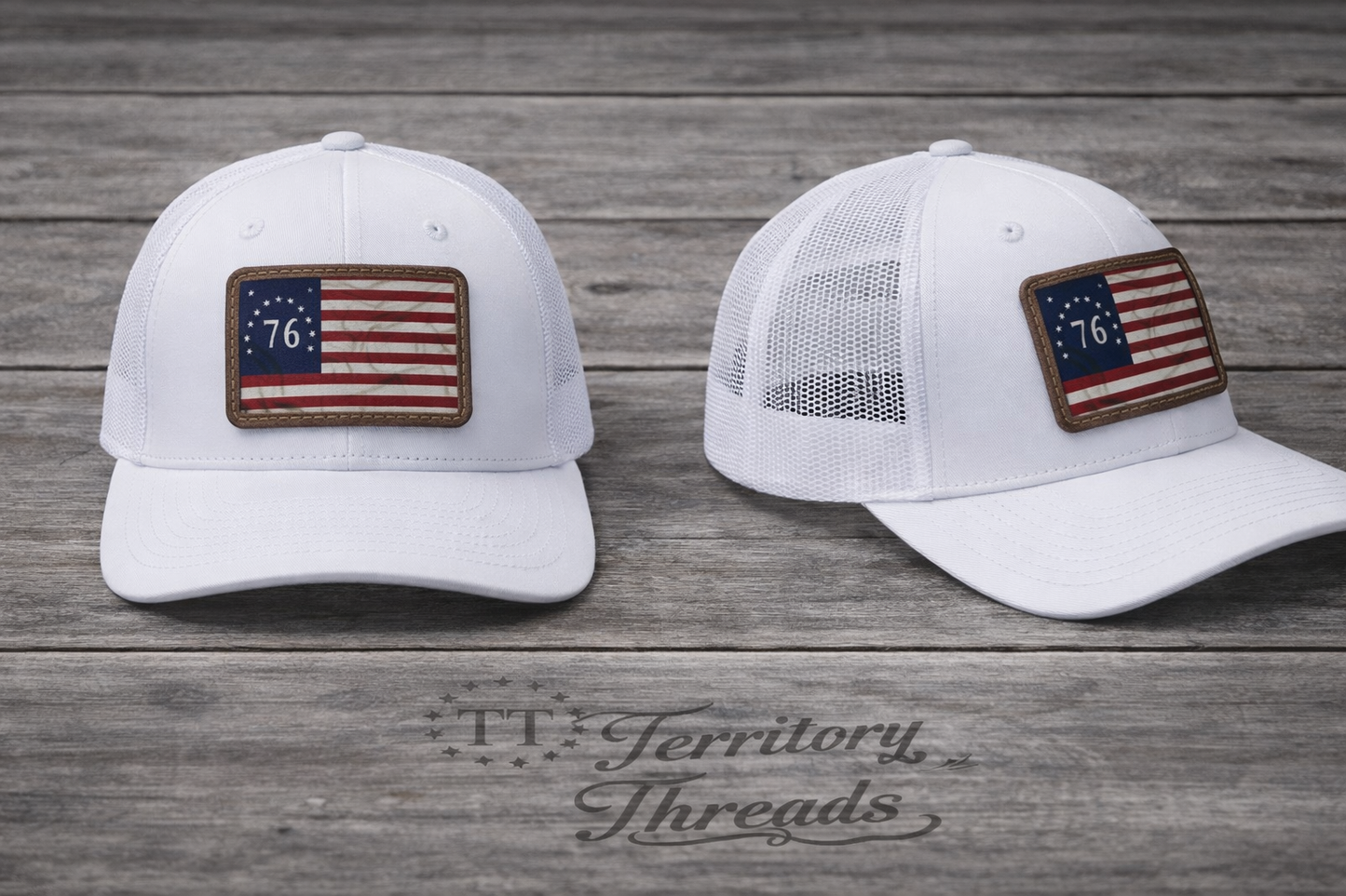 Solid White Mesh Back Hat Cap with Bennington 76 Flag Leather Patch 2 views