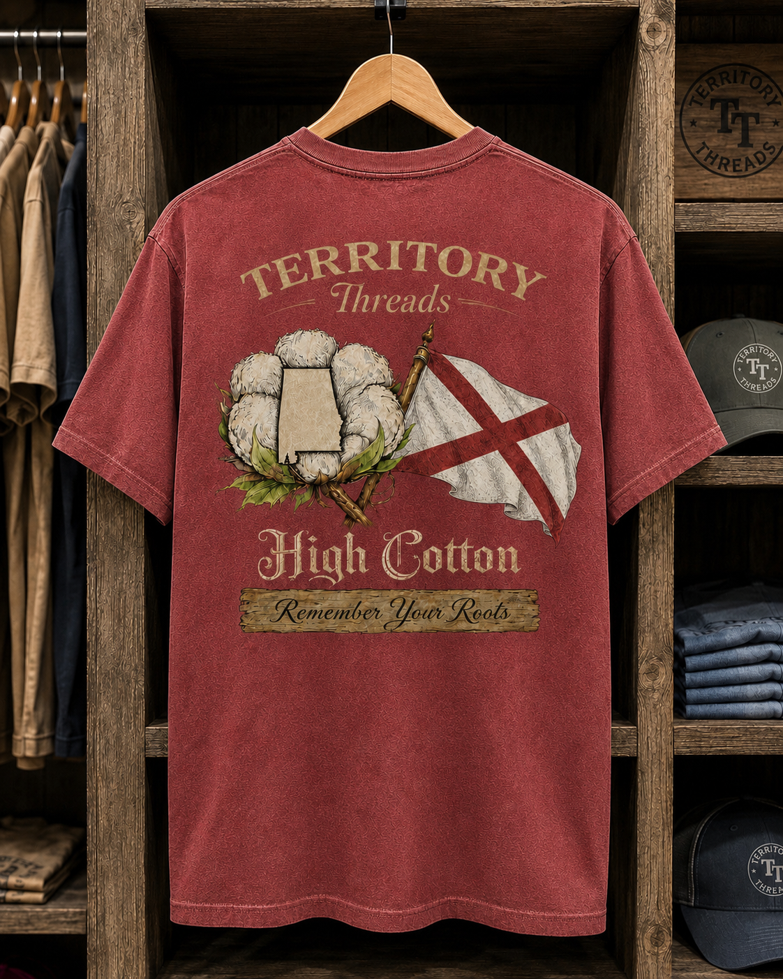Alabama Flag High Cotton Short Sleeve Premium T-Shirt in Washed Red