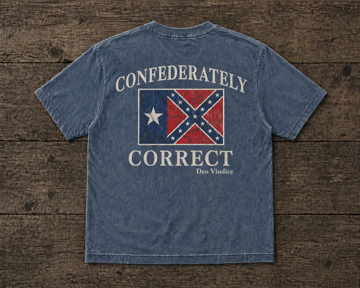 Texas Battle Flag Confederately Correct Short Sleeve T-Shirt Faded Denim Blue