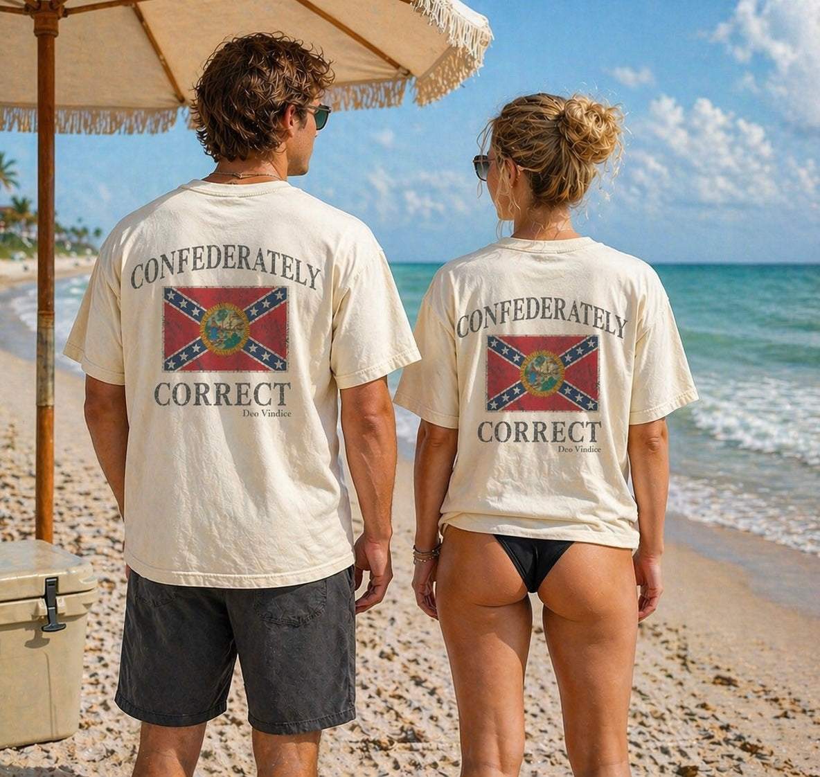 Florida Battle Flag Confederately Correct Short Sleeve T-Shirt White on Models
