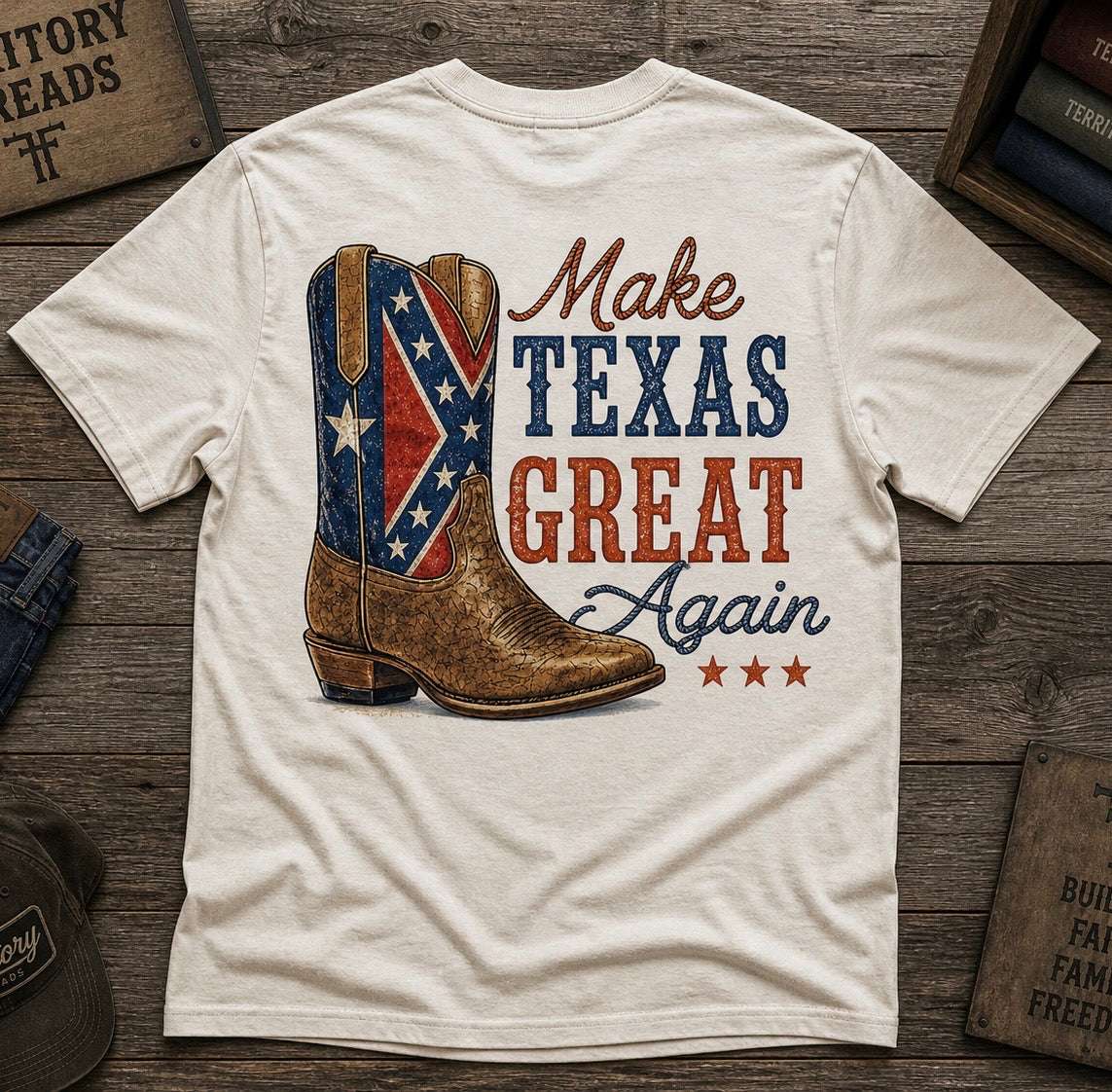 Make Texas Great Again T-Shirt with Texas Battle Flag on Boot