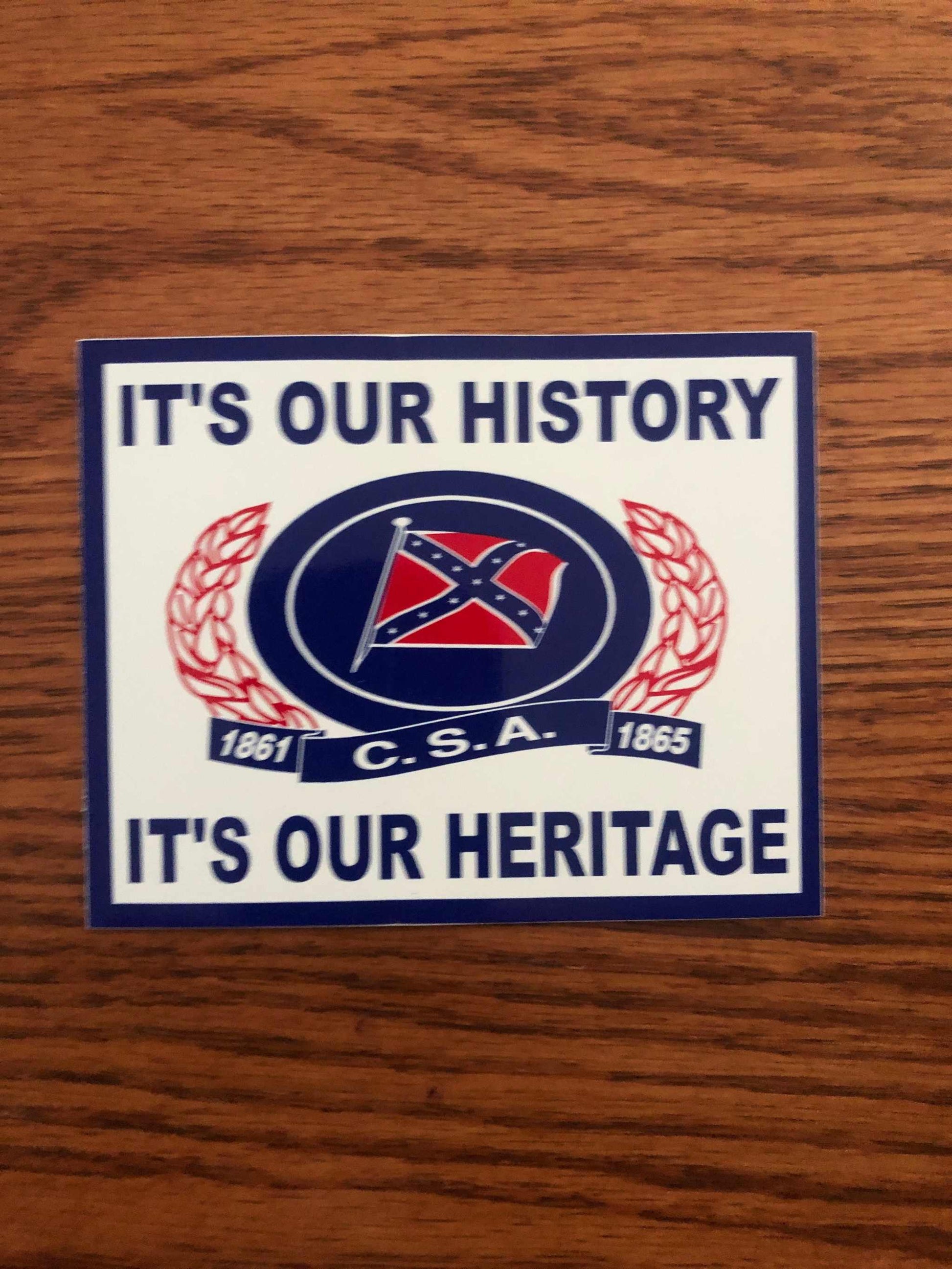Our History Our Heritage Decal Bumper Sticker showing Confederate Battle Flag on weather-resistant vinyl, 3x4 inches