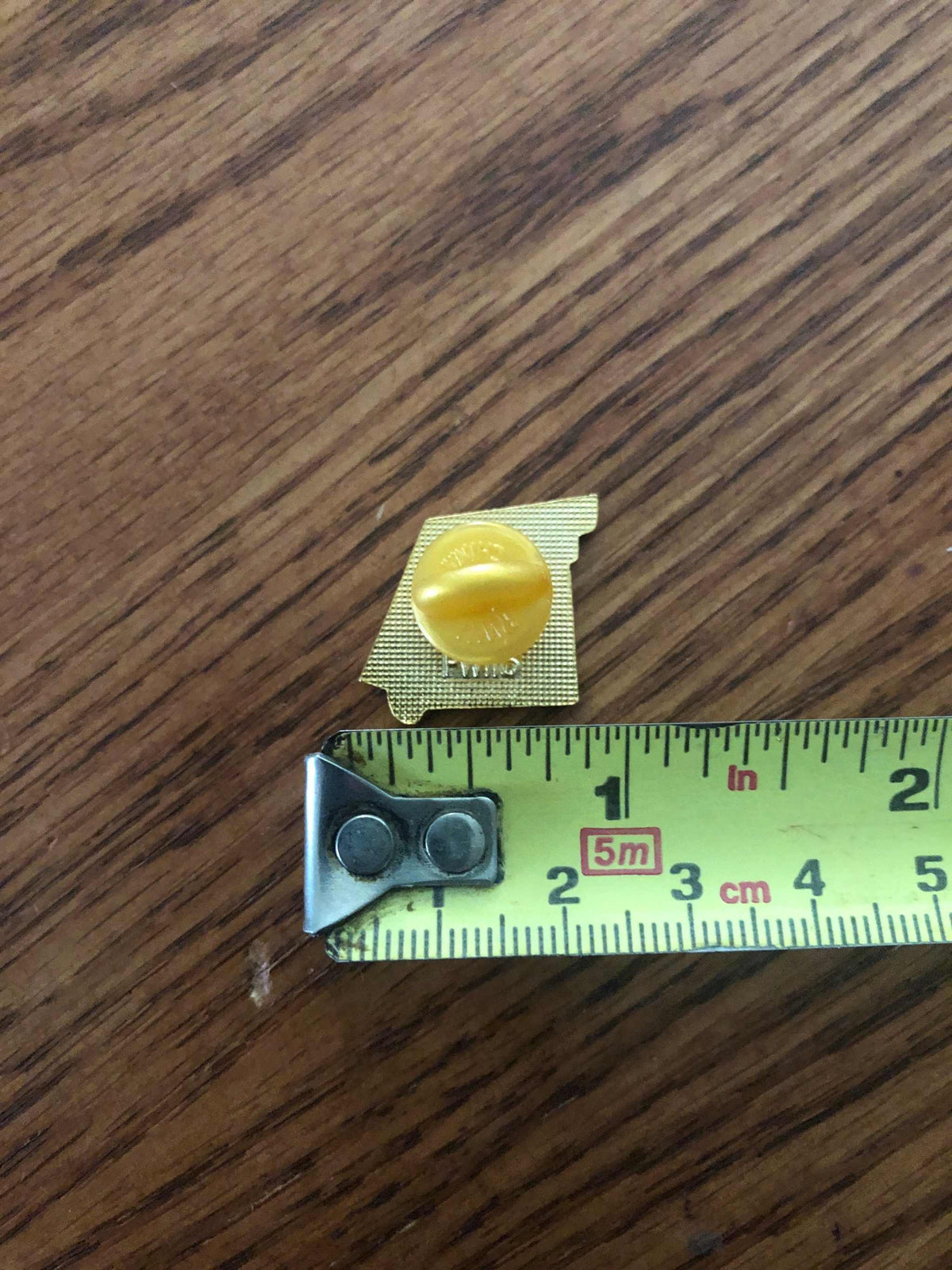 Missouri Hat Pin or Lapel Pin next to a ruler to show size