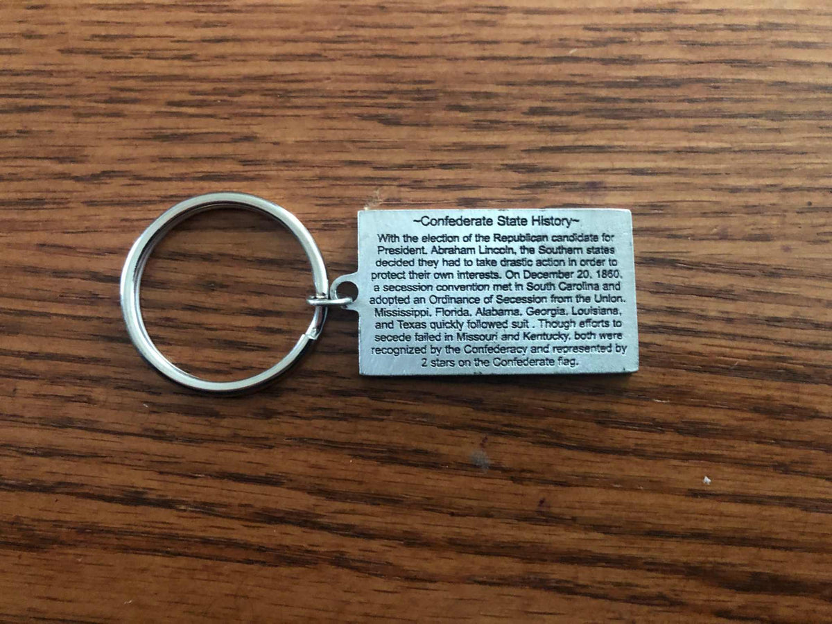 Old Mississippi State Flag Keychain Keyring rectangular engraved plaque featuring the Confederate States History text, resting on a brown wooden surface.