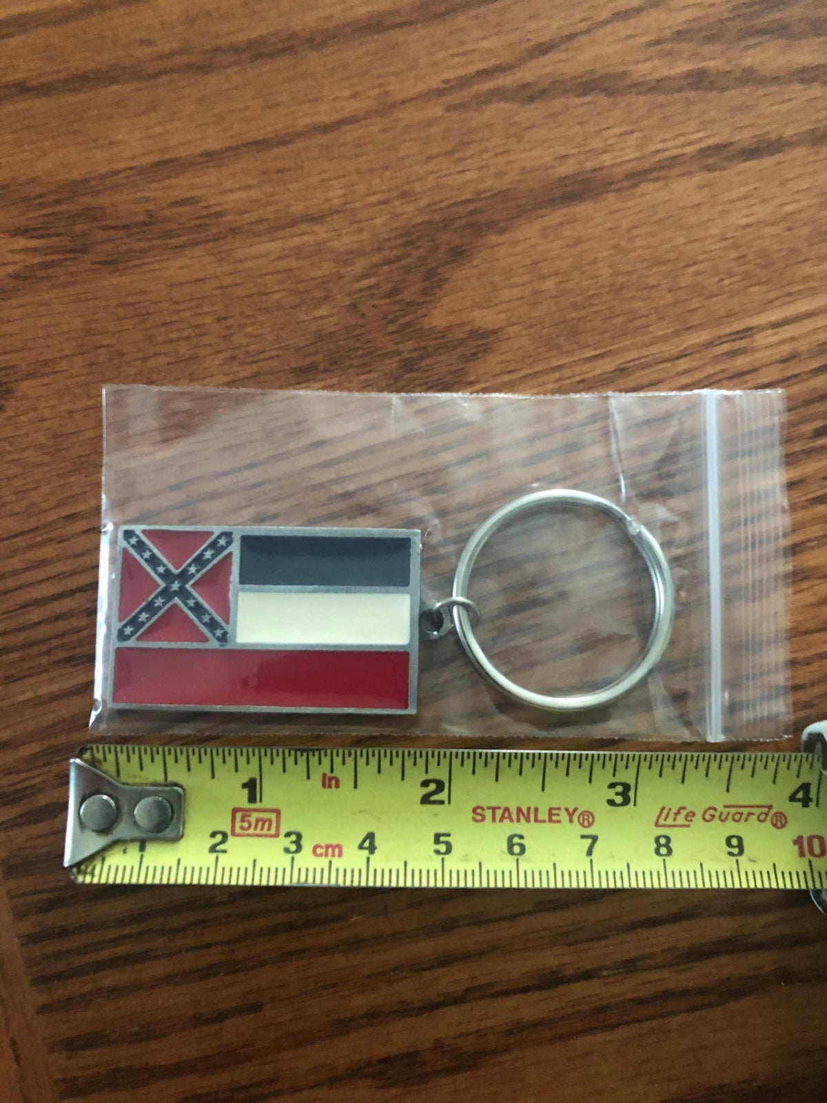 Old Mississippi State Flag Keychain Keyring In package with ruler to show size