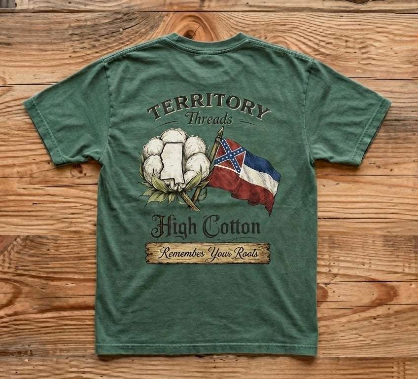 Old Mississippi Flag High Cotton Short Sleeve Premium T-Shirt featuring Confederate flag and heritage pride design on 100% cotton fabric