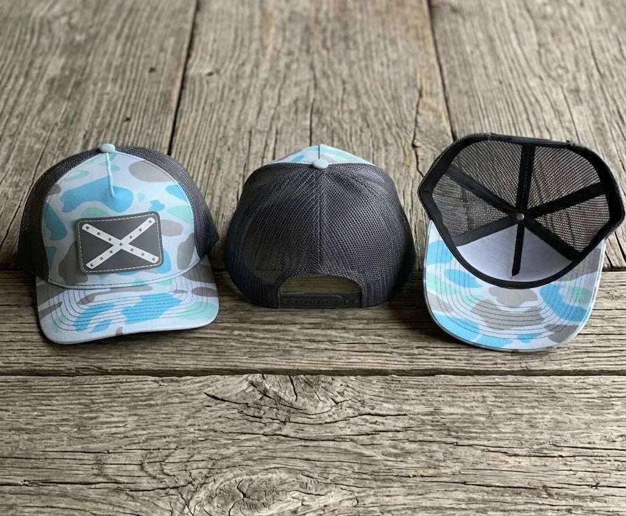 Powder Blue and Gray Camo Mesh Back Cap Hat with Gray and White Battle Flag Patch