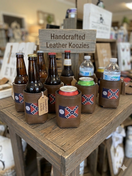 1956 Old Georgia Flag Brown Leather Can and Bottle Koozie Coozie