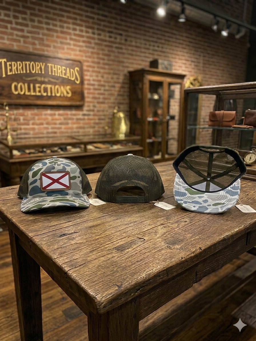 Green Duck Camo Gray Mesh Back Hat Cap with Alabama State Flag Brown Leather Patch 3 Views