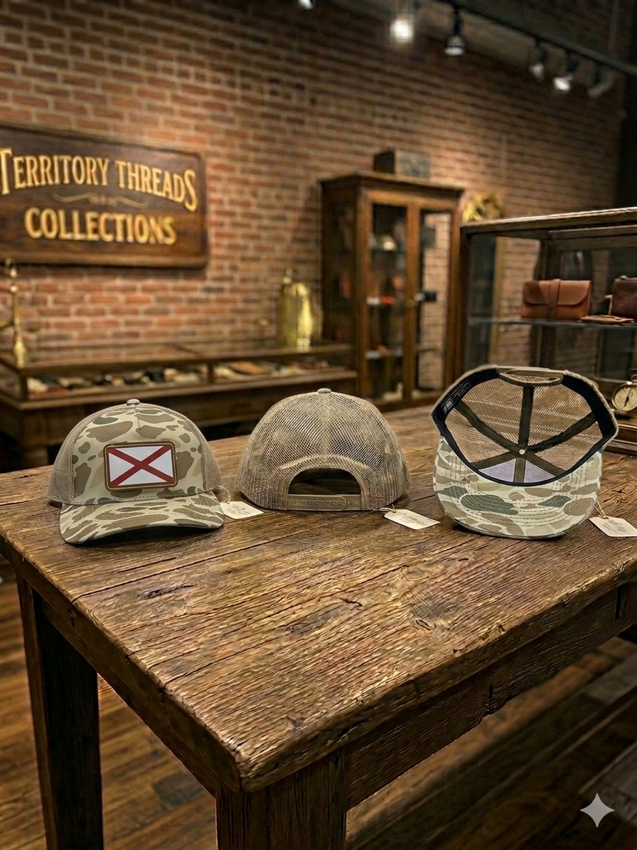 Light Brown Duck Camo Hat Cap with Alabama State Flag Brown Leather Patch 3 Views