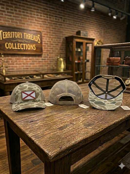 Light Brown Duck Camo Hat Cap with Alabama State Flag Brown Leather Patch 3 Views