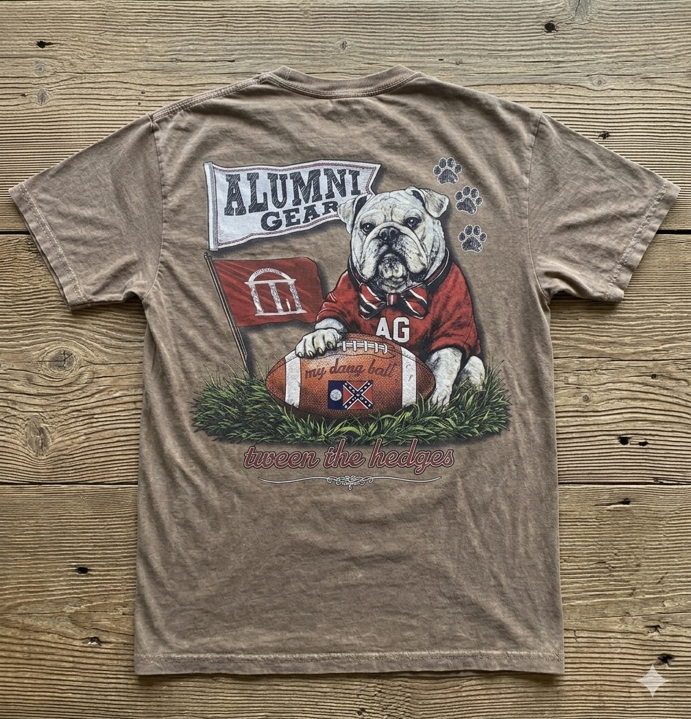 Alumni Gear My Dang Ball Bulldog Design with 1956 Old Georgia Flag on Football T-Shirt Faded Mocha Brown
