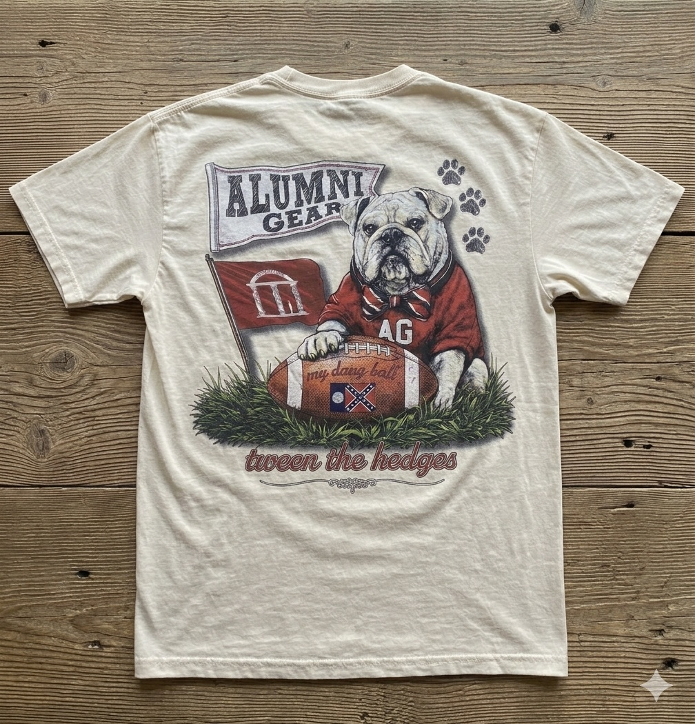 Alumni Gear My Dang Ball Bulldog Design with 1956 Old Georgia Flag on Football T-Shirt White