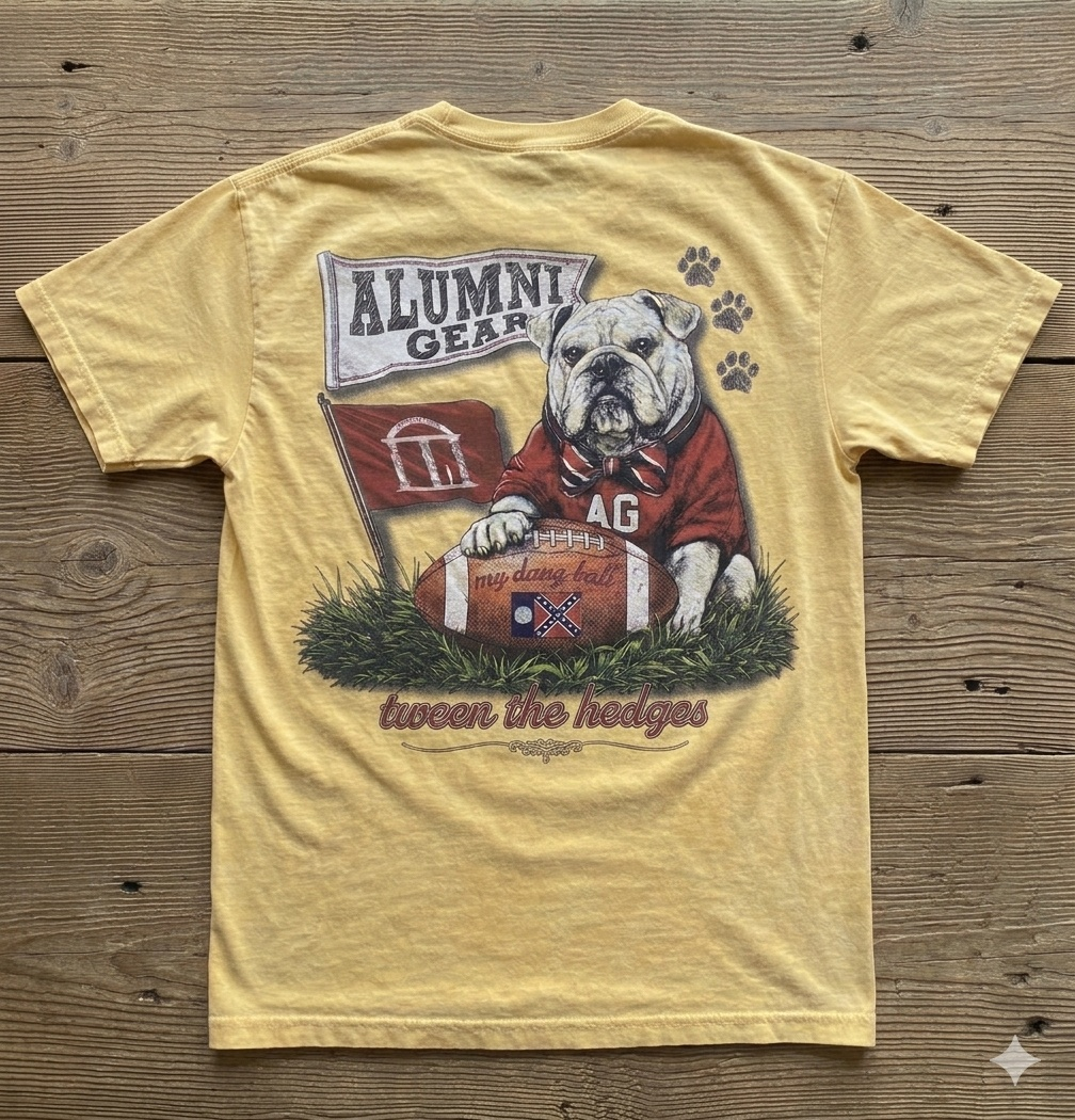 Alumni Gear My Dang Ball Bulldog Design with 1956 Old Georgia Flag on Football T-Shirt Faded Yellow