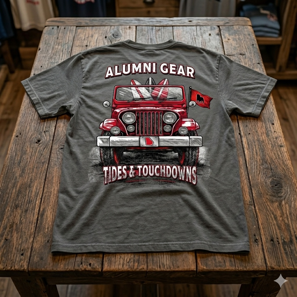 Alumni Gear Tides and Touchdowns Bulldog Jeep Design Premium T-Shirt in Charcoal Gray