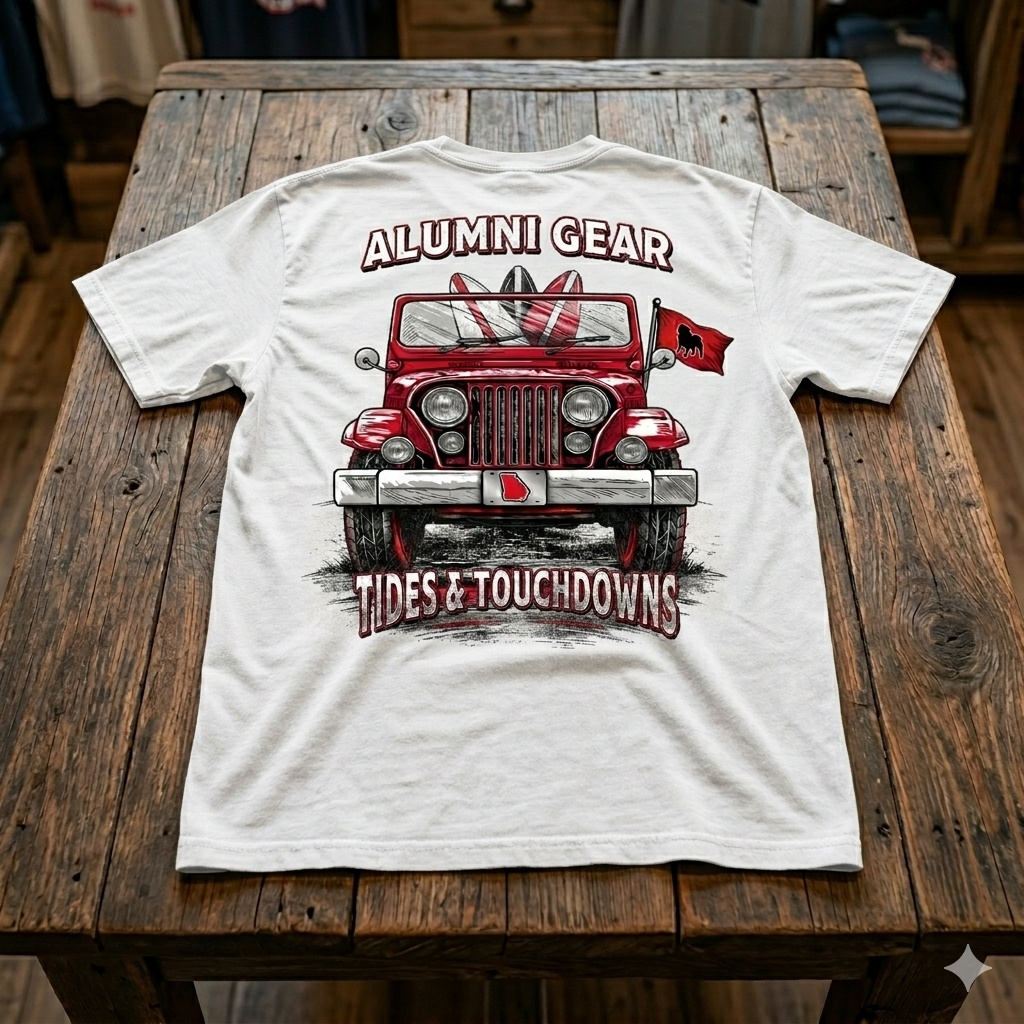 Alumni Gear Tides and Touchdowns Bulldog Jeep Design Premium T-Shirt in White