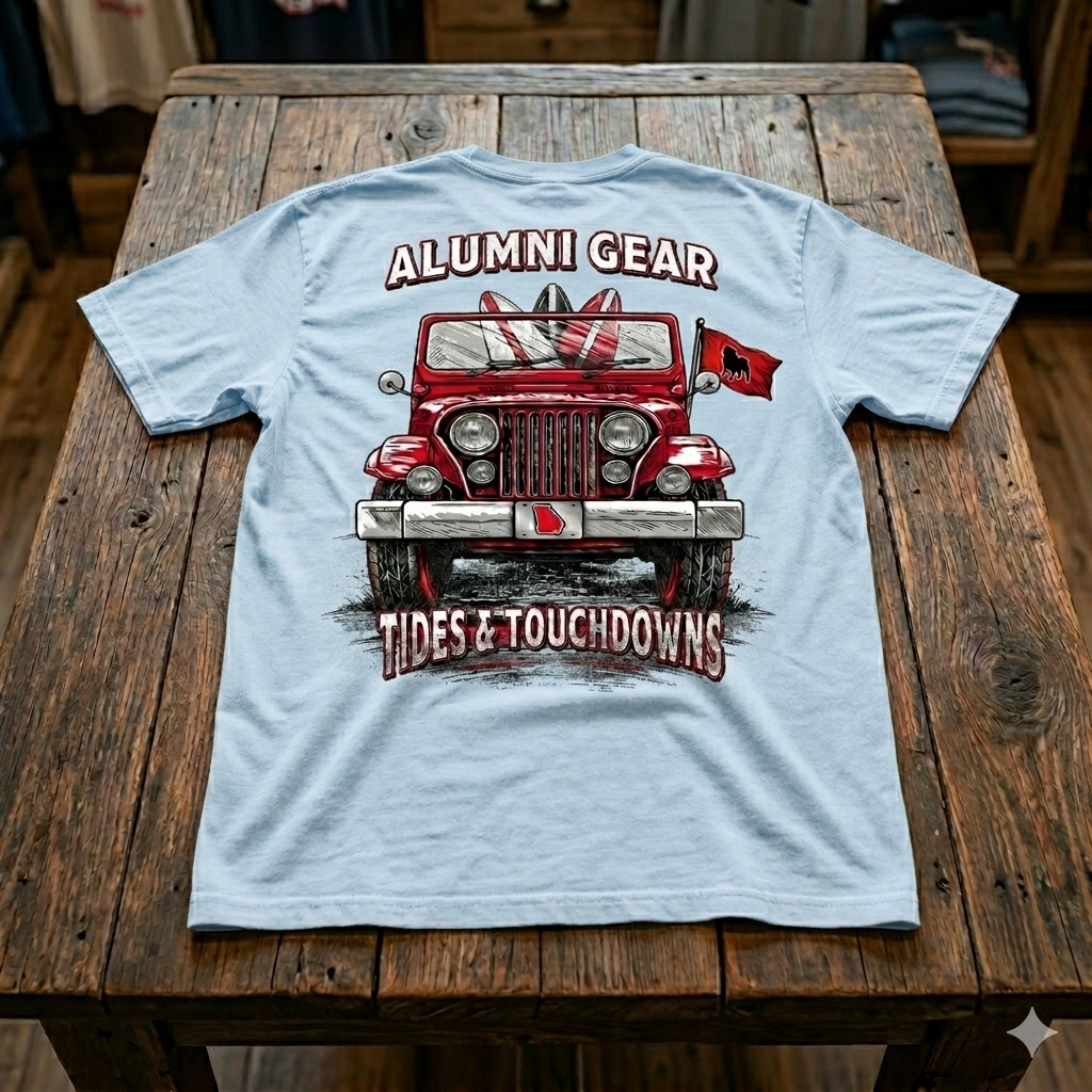 Alumni Gear Tides and Touchdowns Bulldog Jeep Design Premium T-Shirt in Powder Blue