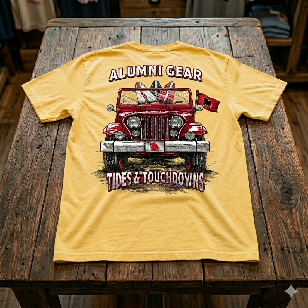 Alumni Gear Tides and Touchdowns Bulldog Jeep Design Premium T-Shirt in Faded Yellow