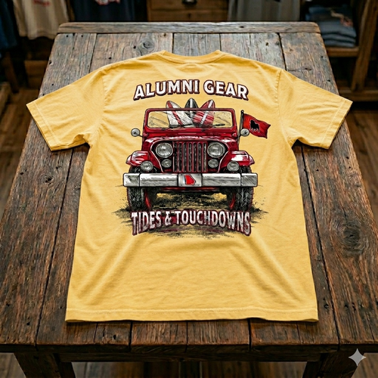 Alumni Gear Tides and Touchdowns Bulldog Jeep Design Premium T-Shirt in Faded Yellow