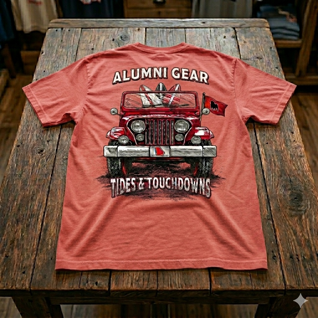 Alumni Gear Tides and Touchdowns Bulldog Jeep Design Premium T-Shirt in Washed Red