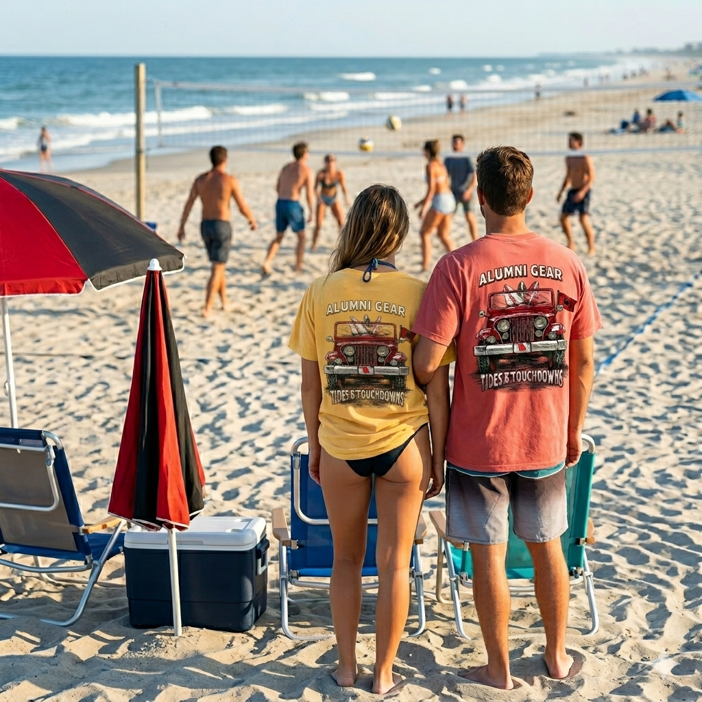 Alumni Gear Tides and Touchdowns Bulldog Jeep Design Premium T-Shirt on Models at the Beach