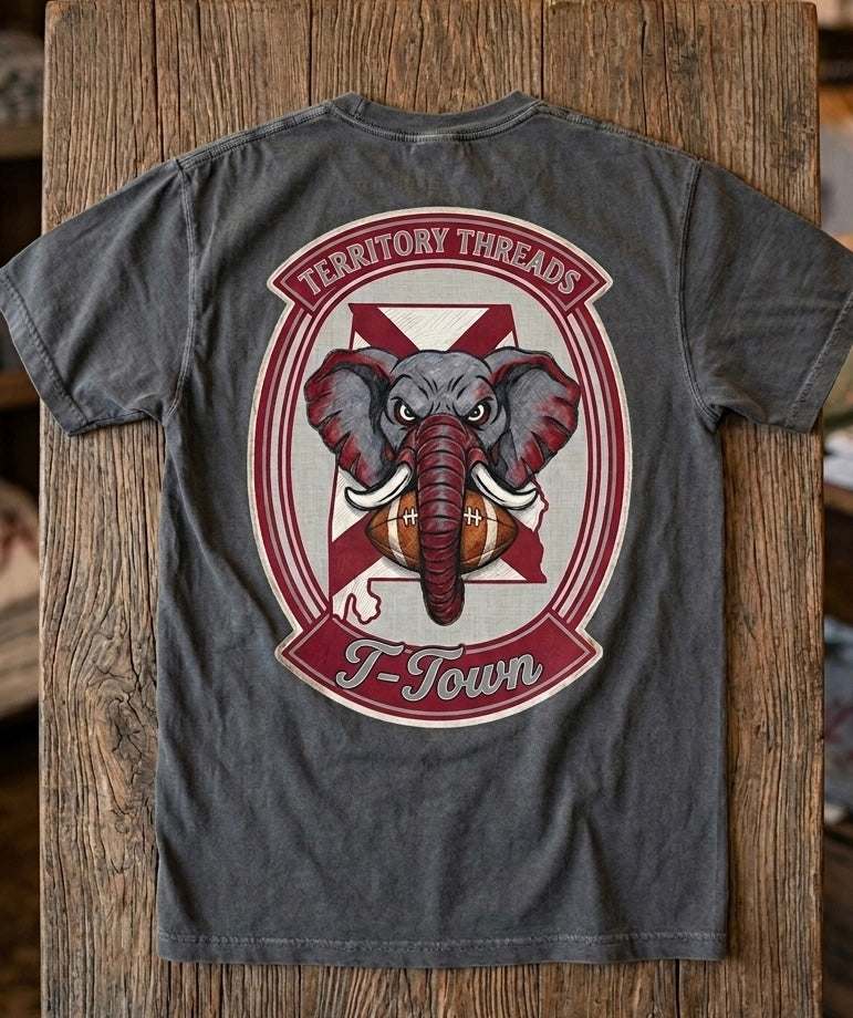 Alabama State Flag T-Shirt Territory Threads T-Town Design Elephant and Football on Charcoal Gray 