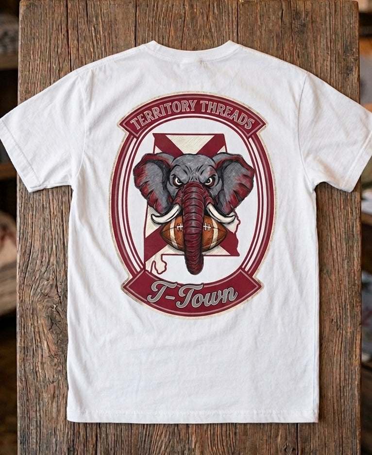 Alabama State Flag T-Shirt Territory Threads T-Town Design Elephant and Football on White Shirt