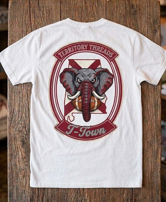 Alabama State Flag T-Shirt Territory Threads T-Town Design Elephant and Football on White Shirt