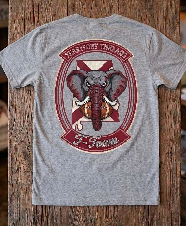 Alabama State Flag T-Shirt Territory Threads T-Town Design Elephant and Football on Gray t-shirt