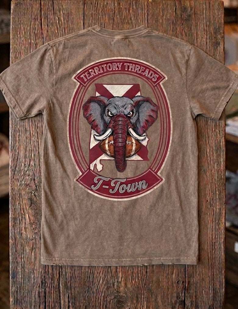 Alabama State Flag T-Shirt Territory Threads T-Town Design Elephant and Football on Faded Mocha Brown