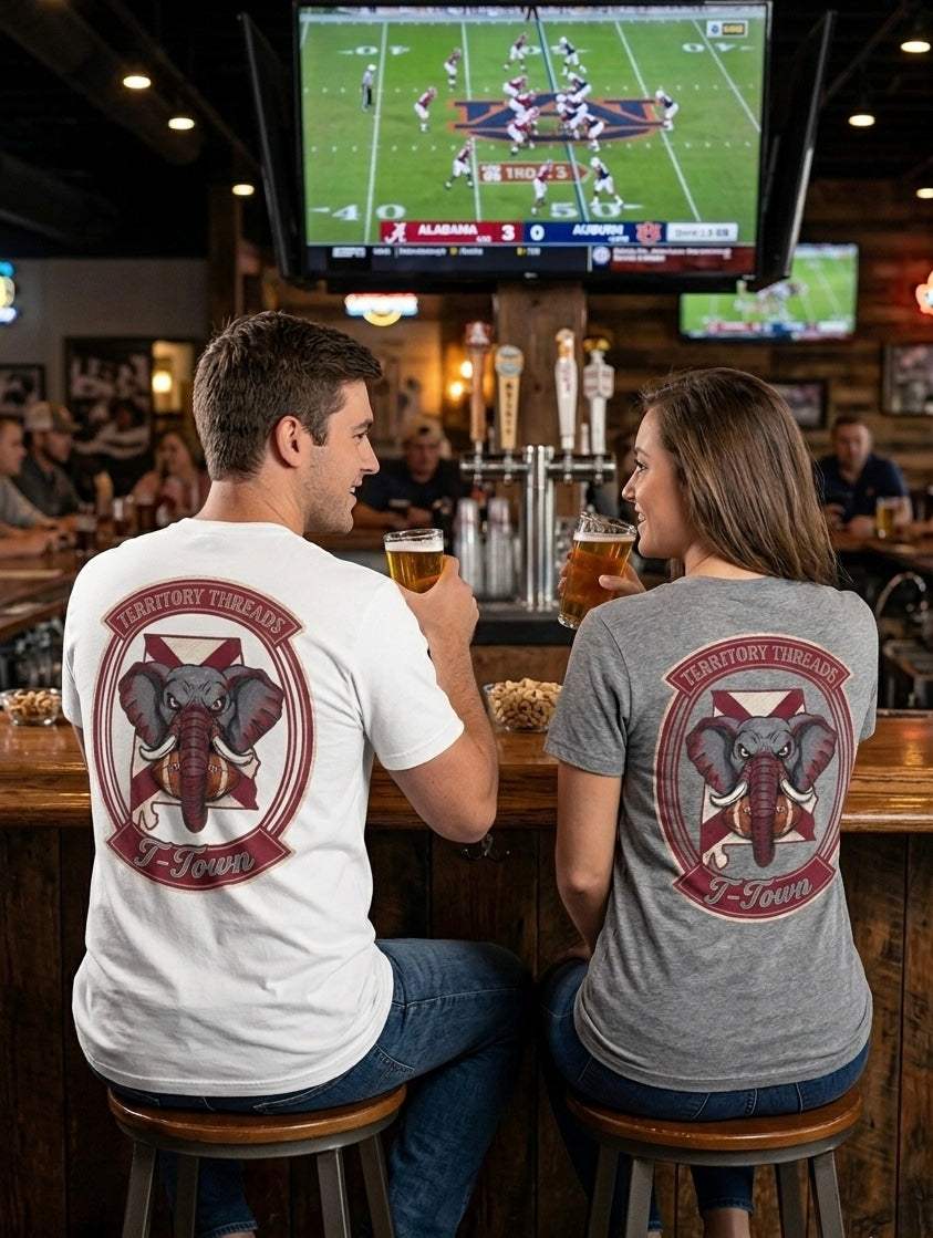 Alabama State Flag T-Shirt Territory Threads T-Town Design Elephant and Football on couple