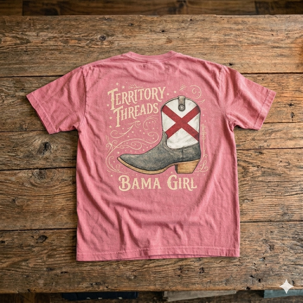Bama Girl Alabama Boot Design T-Shirt by Territory Threads Faded Soft Pink
