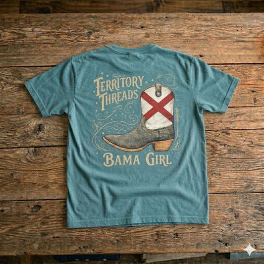 Bama Girl Alabama Boot Design T-Shirt by Territory Threads Faded Moss Teal