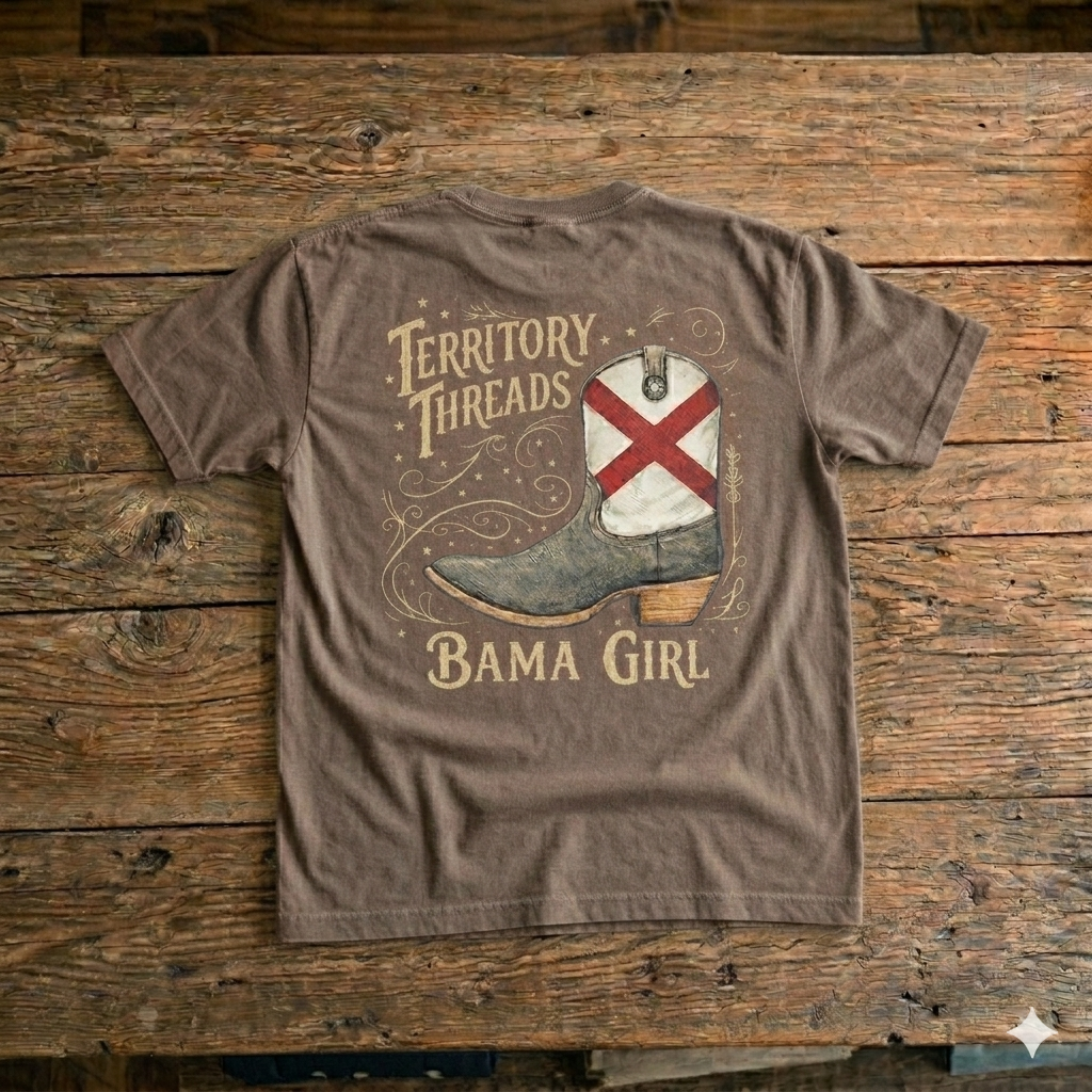 Bama Girl Alabama Boot Design T-Shirt by Territory Threads Faded Mocha Brown