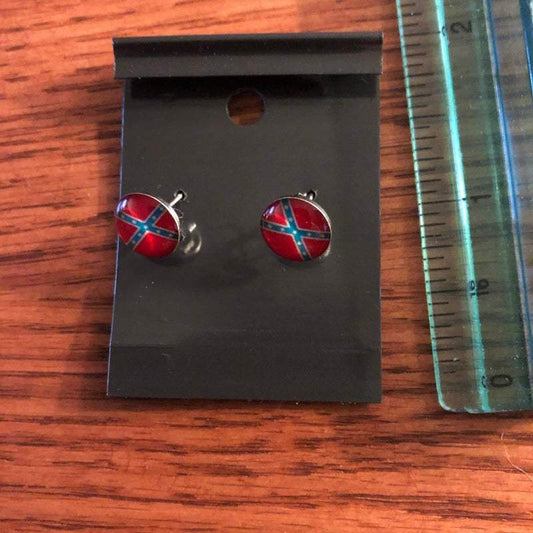 Flat Round Rebel Battle Flag Stud Earrings