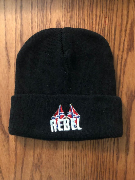 Black Rebel Embroidered Toboggan Beanie Cap Hat 100% Acrylic