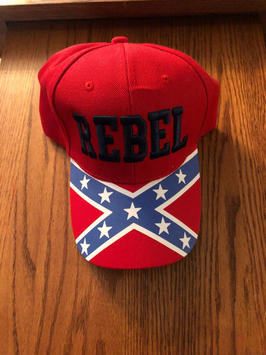 Rebel Embroidered Red Cap with Battle Flag Bill 