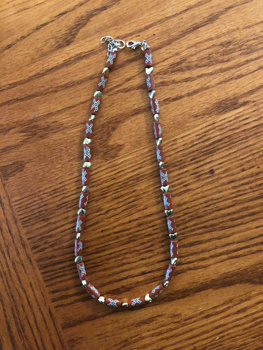 Rebel Necklace with Shiny Hearts and Battle Flag Beads 18"