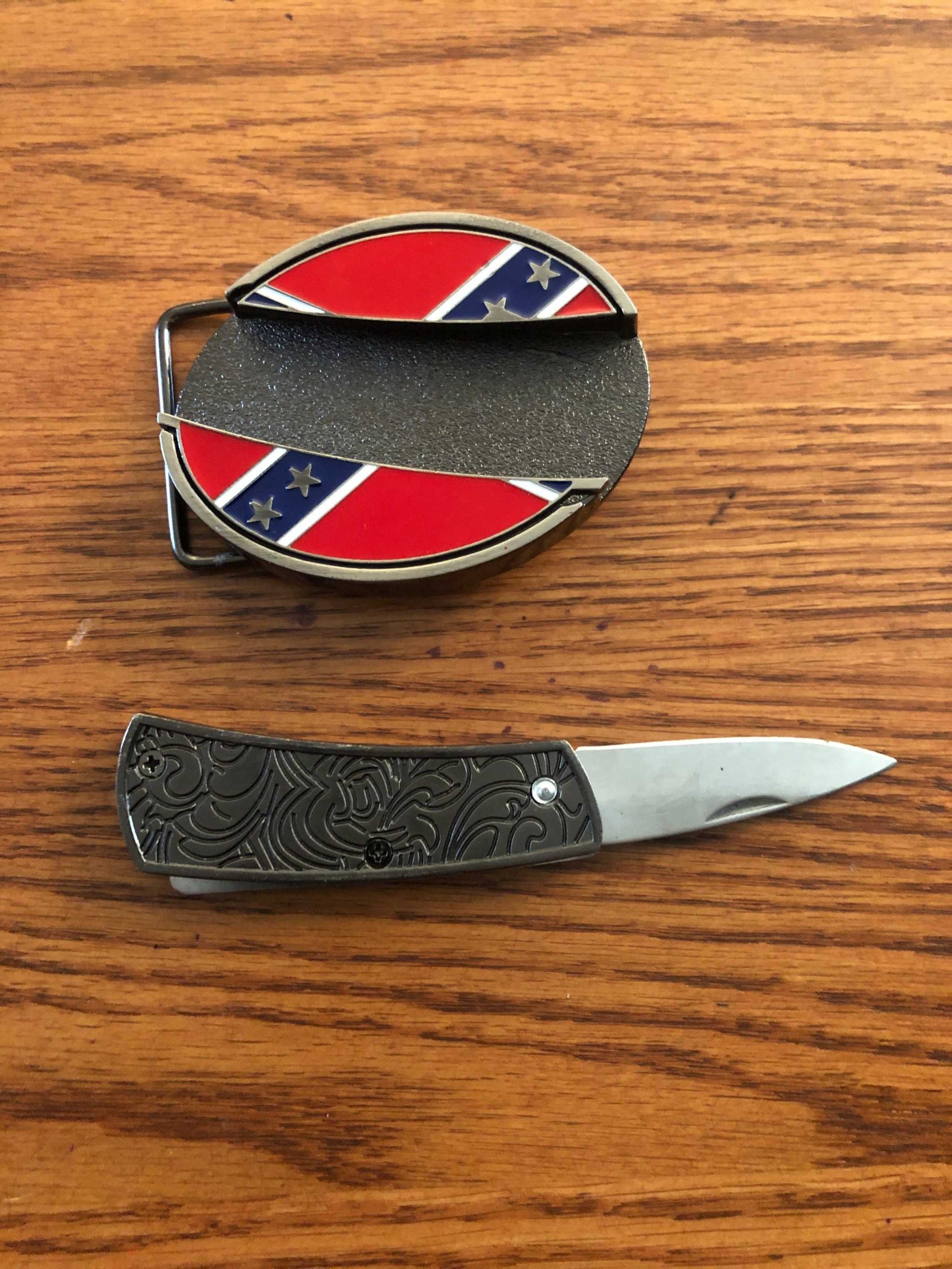 Confederate Rebel Flag Knife Belt Buckle with knife removed & opened