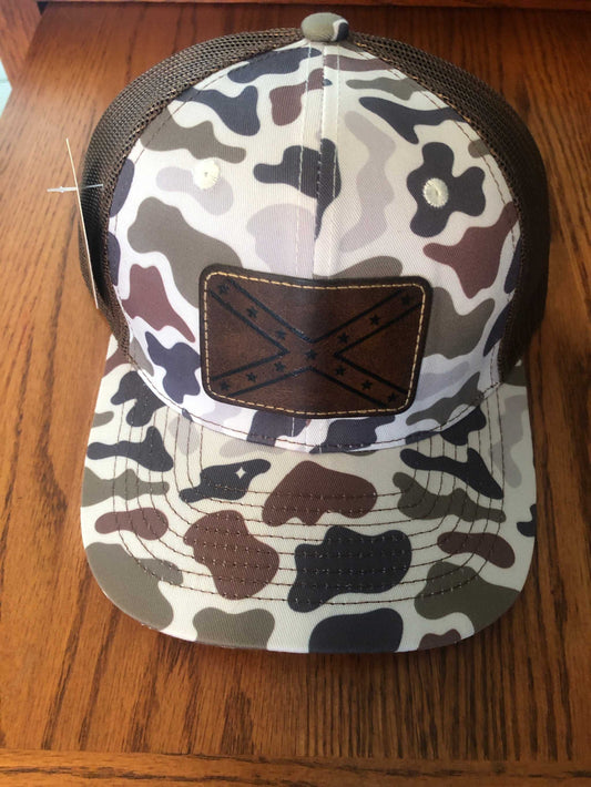 Leather Rebel Confederate Flag Patch Brown Camo Cap Hat