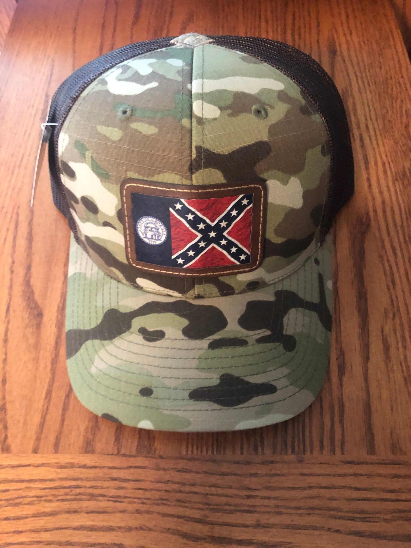 Old Georgia Flag Leather Patch Camo Green Hat