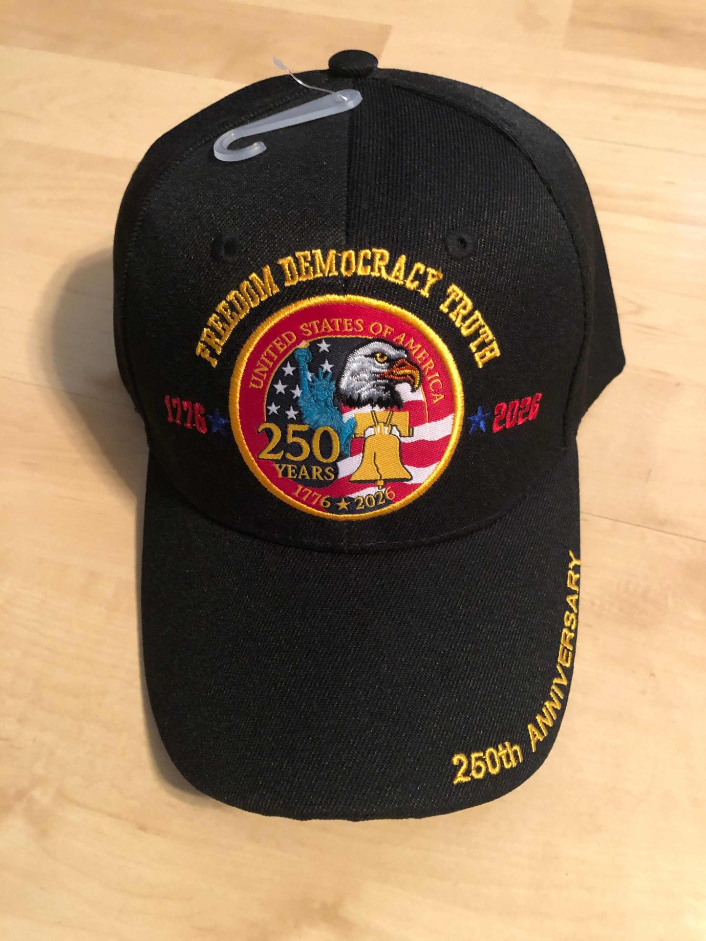  250th Anniversary Cap Hat with Eagle US Flag and Liberty Bell Embroidered Black