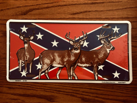 Whitetail Deer on Rebel Battle Flag License Plate Tag Made in USA