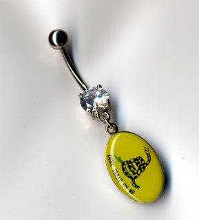 Oval Dont Tread On Me Gadsden Flag Navel Belly Button Ring Body Jewelry with a yellow oval snake charm and silver-tone bar