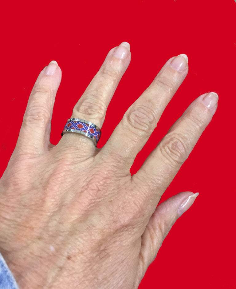 CSA Battle Flag Stainless Steel Band Style Ring on a model's hand